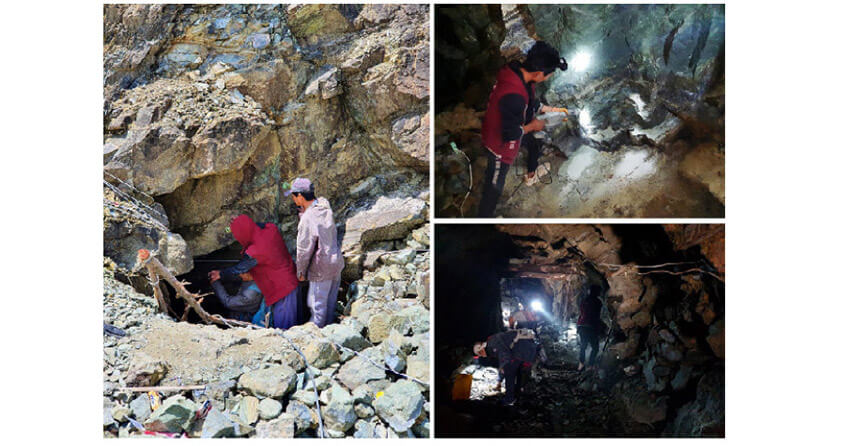 Thợ mỏ đi vào đường hầm dưới lòng đất tại mỏ Peridot ở Pyaung Gaung. Sau đó thợ mỏ khoan đá dọc theo tường hầm bằng búa khí nén để lấy đá Peridot